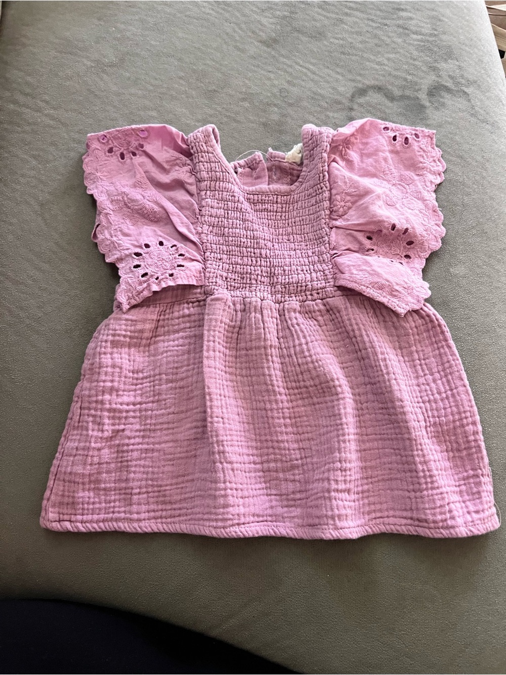 Girls' Pink Gauze Dress with Eyelet Flutter Sleeves